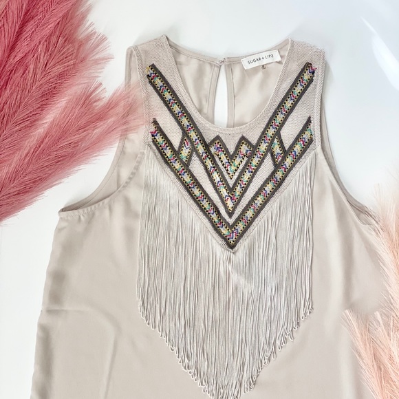 Sugarlips boho style fringe satin tank top medium - Picture 9 of 12